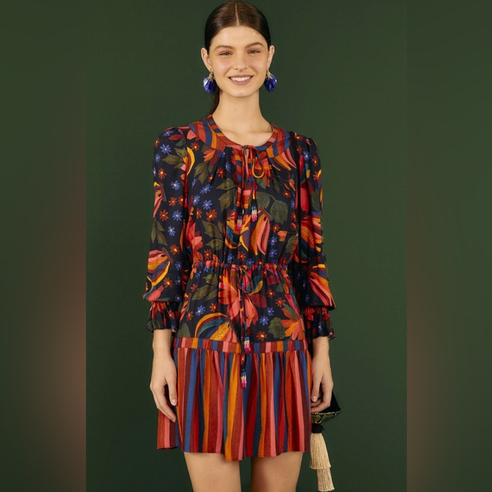 Farm Rio Black Banana Sky Mini Dress size Medium Resort Wear Floral Tropical - Picture 3 of 11